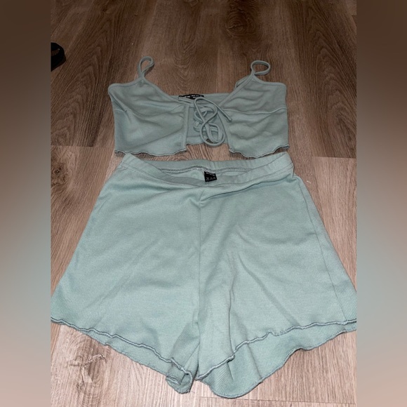 Blue / Green Tie Front Lounge / Pajama Set - Picture 3 of 5